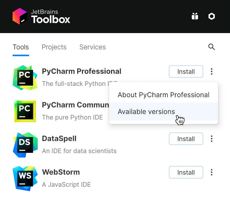 工具箱应用程序中的 PyCharm