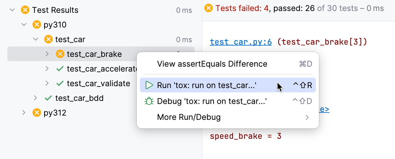 Context menu to  run a tox test