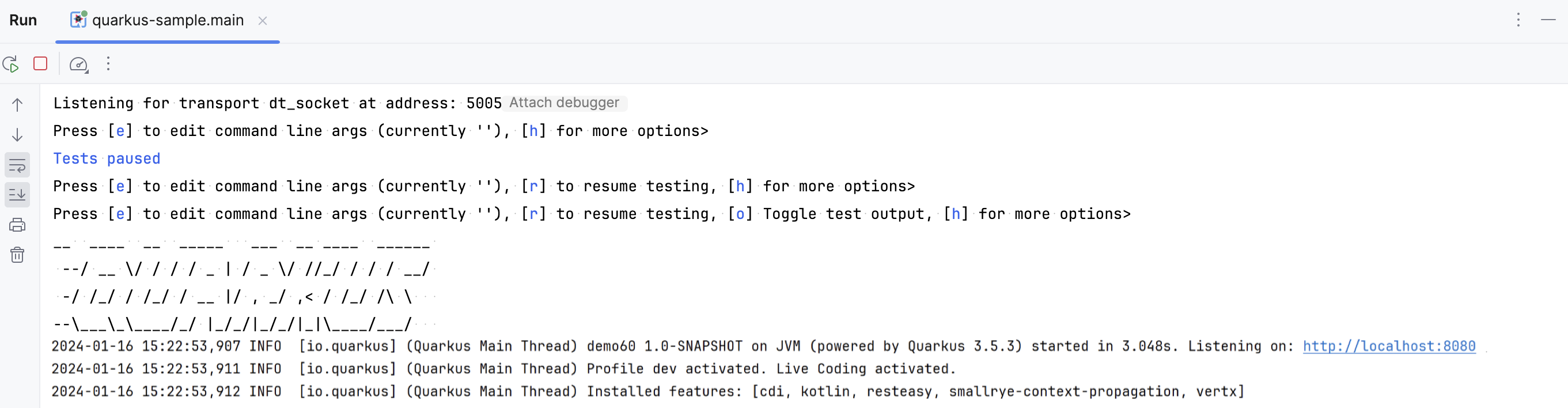 Quarkus application running in the Run tool window