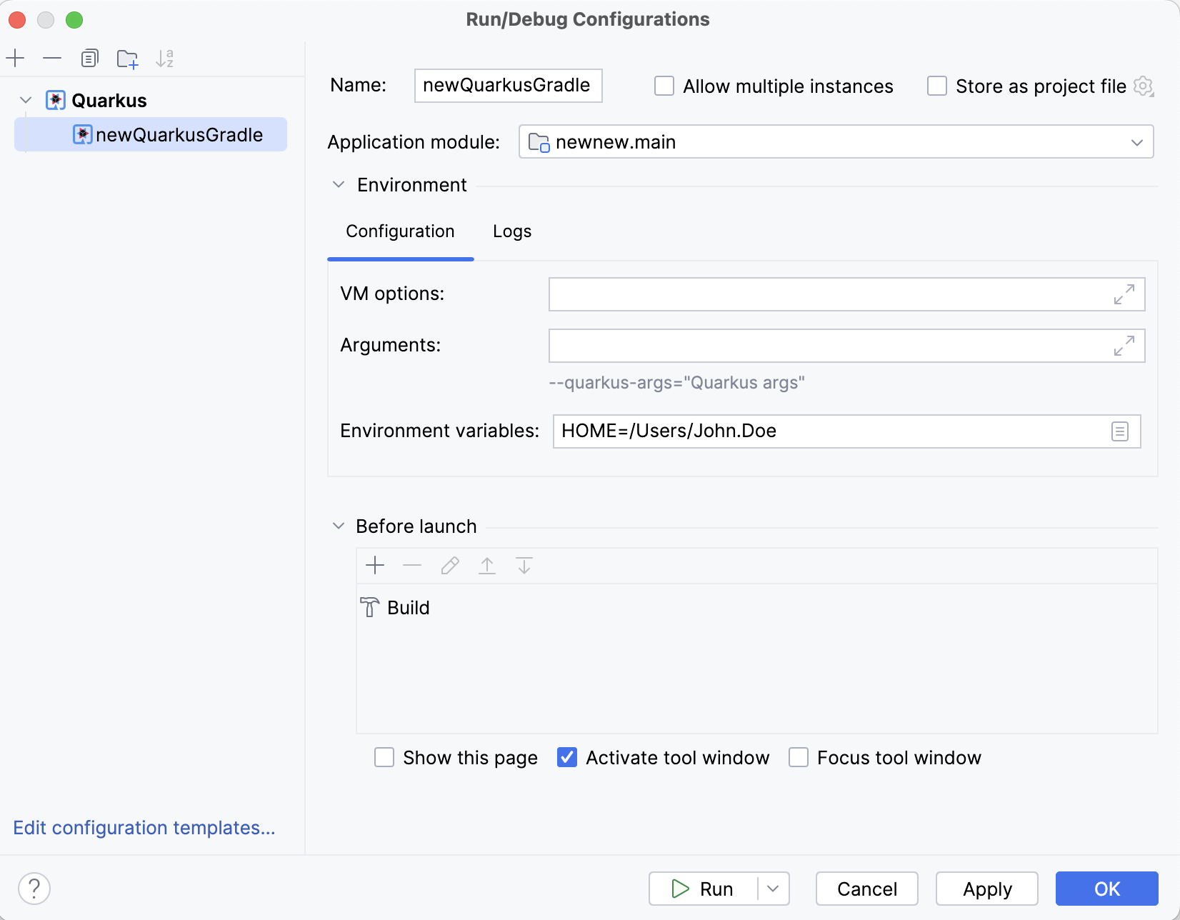 Quarkus run configuration in Gradle project