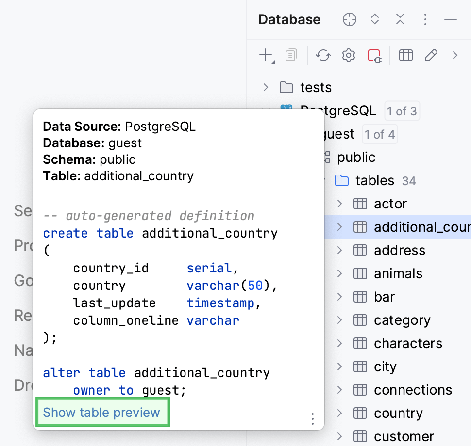 快速文档弹出窗口中的 PostgreSQL 和 MySQL 表大小