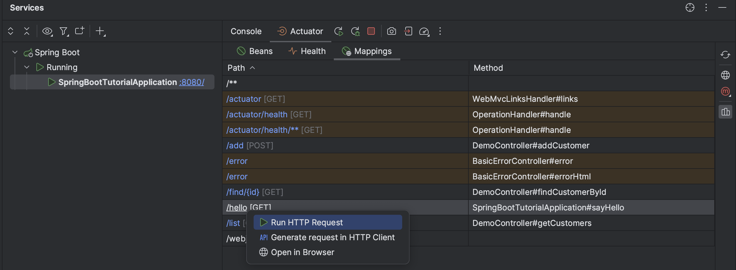 Opening HTTP request mappings from Services tool window