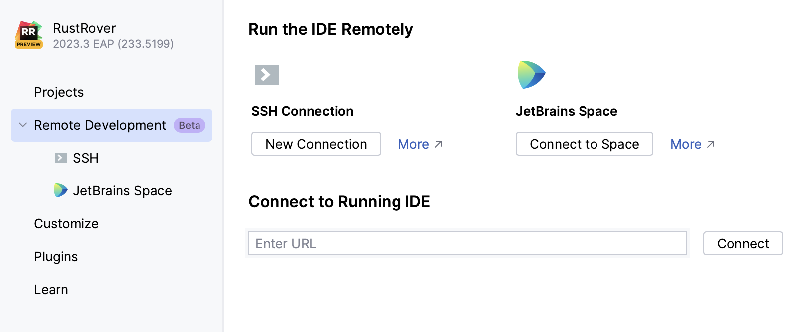 Configuring remote development settings on Welcome screen