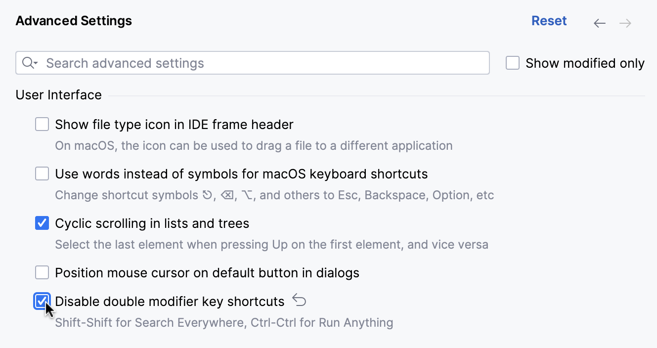 Disabling the double-key shortcuts