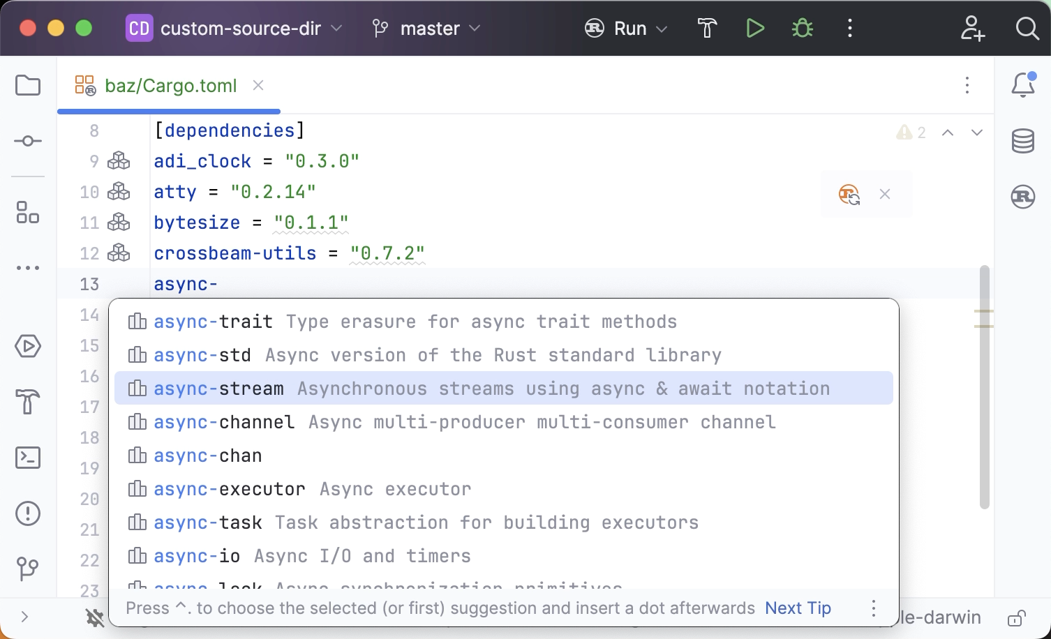 Completion for names and versions of dependencies from crates.io