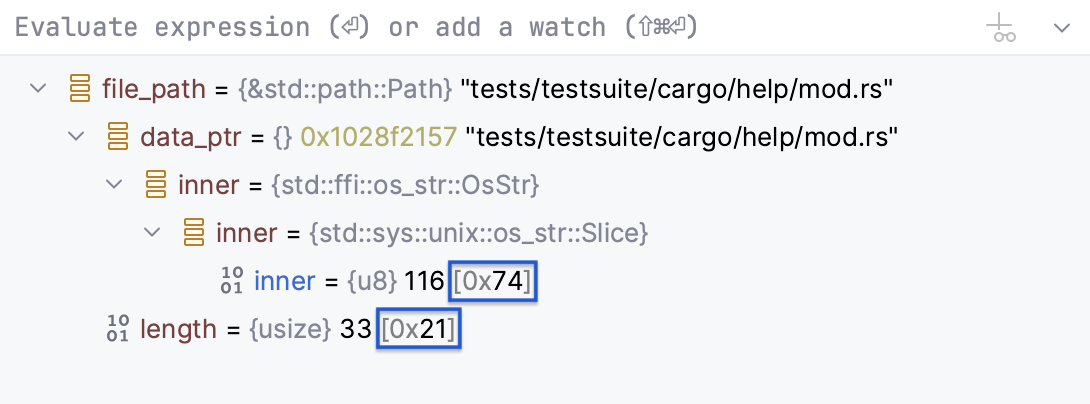 Hexadecimal representation in the Variables pane