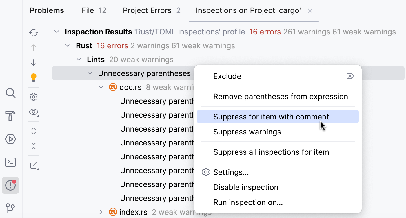 Suppressing an inspection in the Results tool window