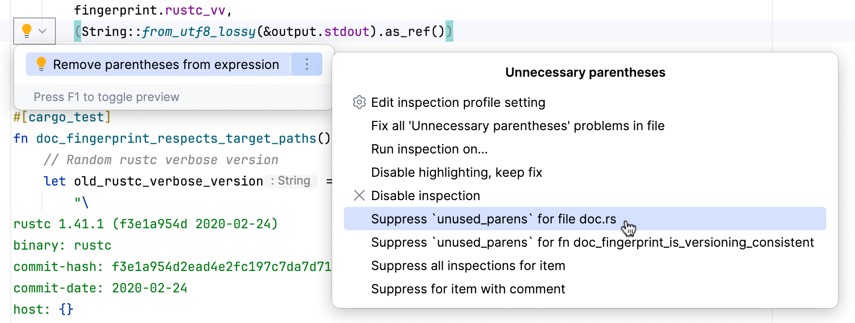 Suppress inspection in the editor