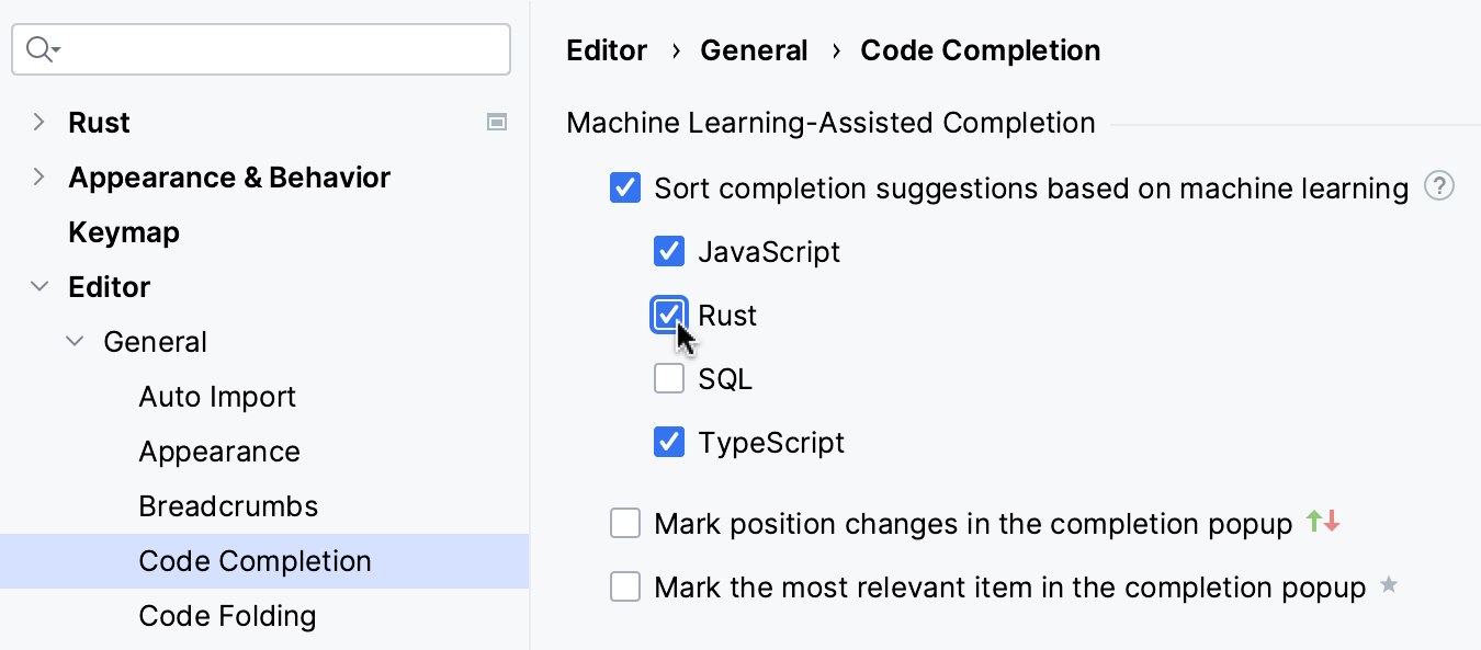 ML completion settings