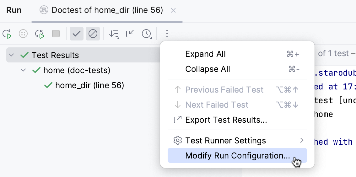 Modify run configuration for a doctest