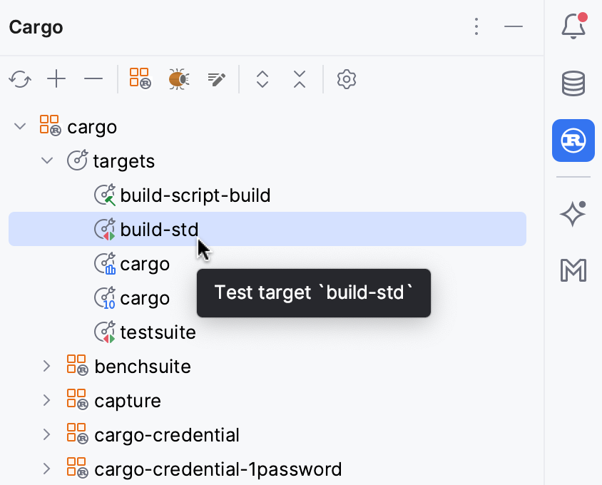 Running a test target from the Cargo tool window