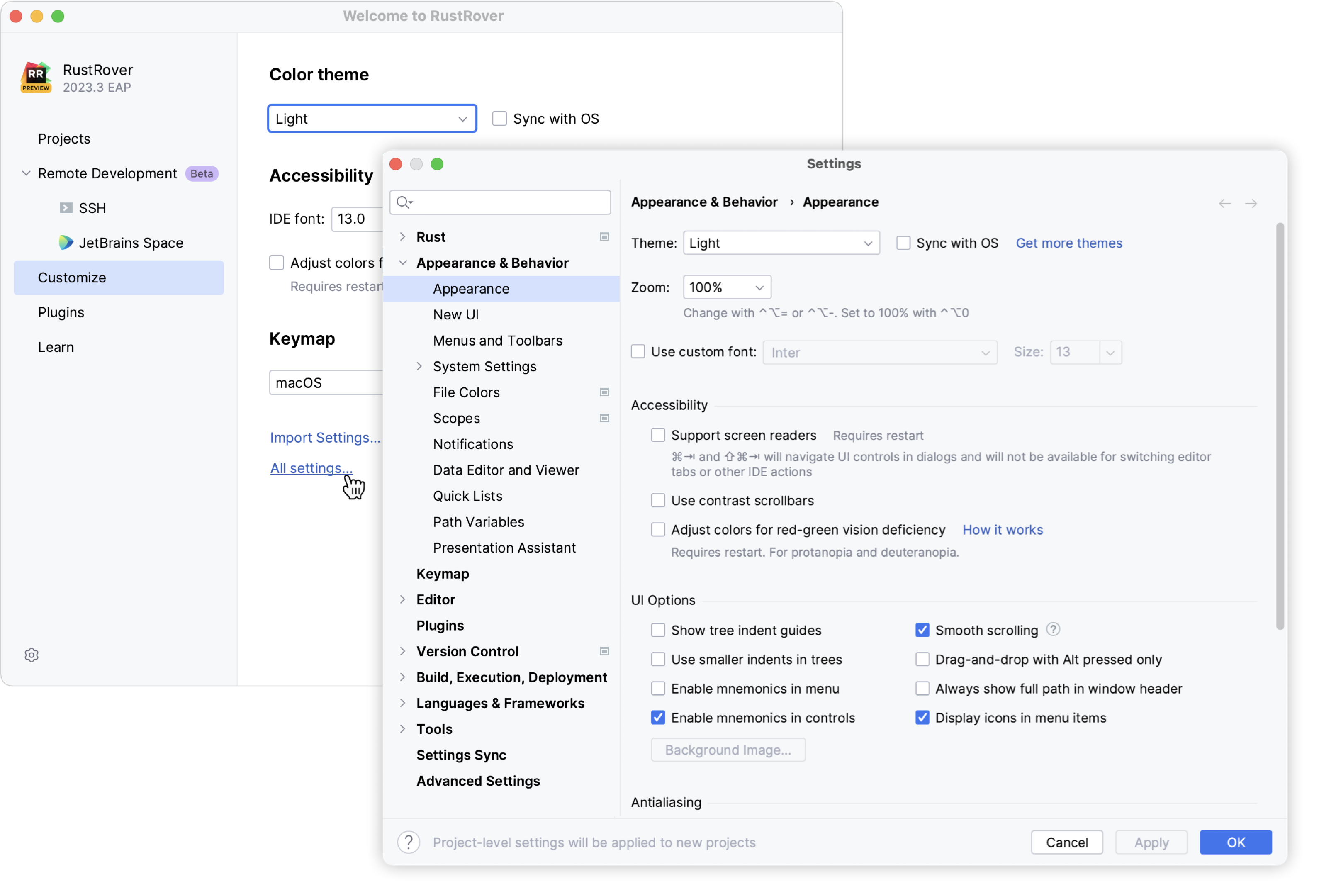 Configuring new default settings for projects