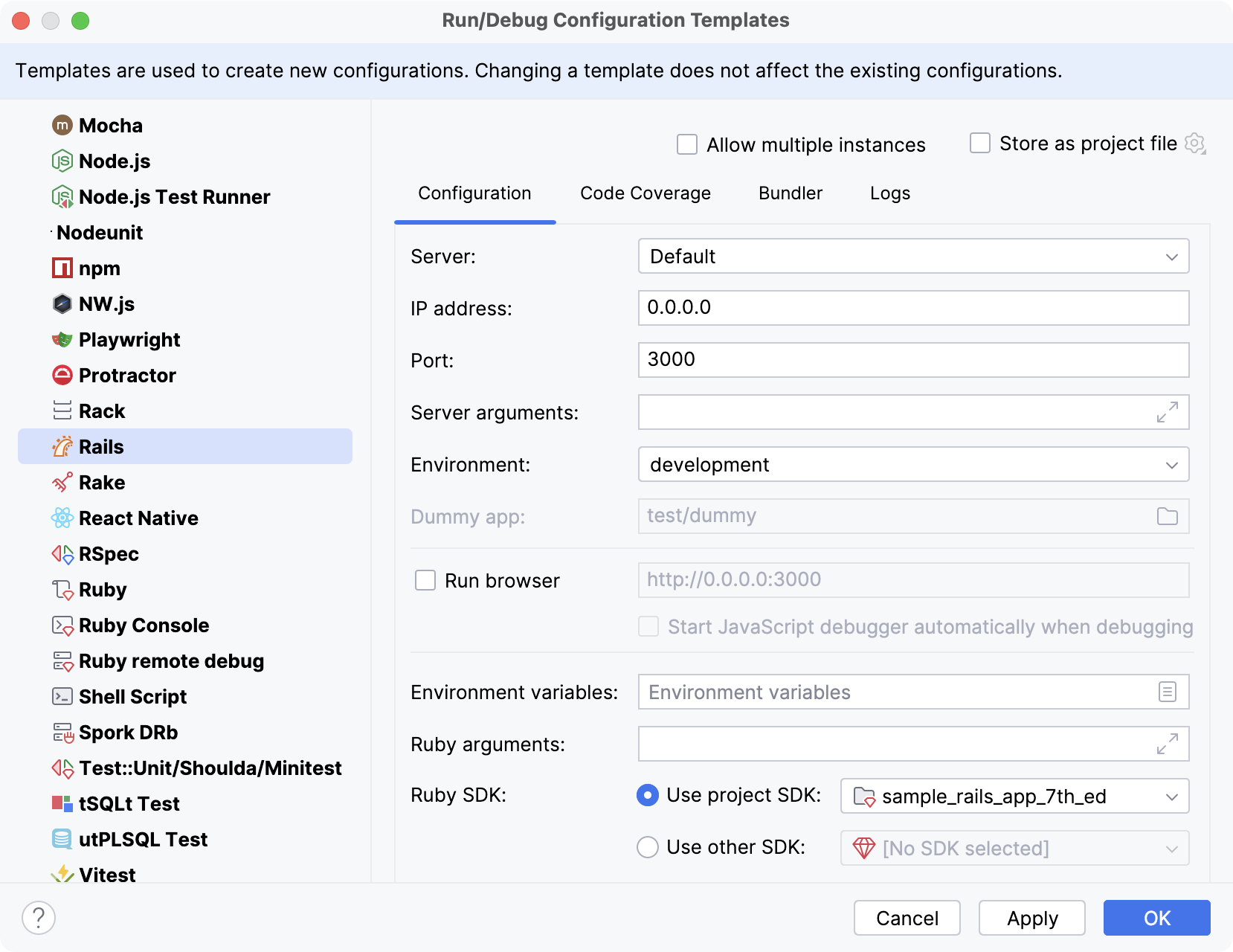 run/debug templates