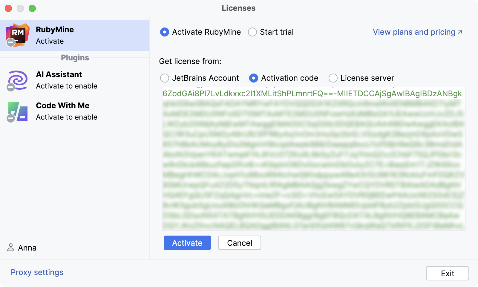 Activate RubyMine license with an activation code
