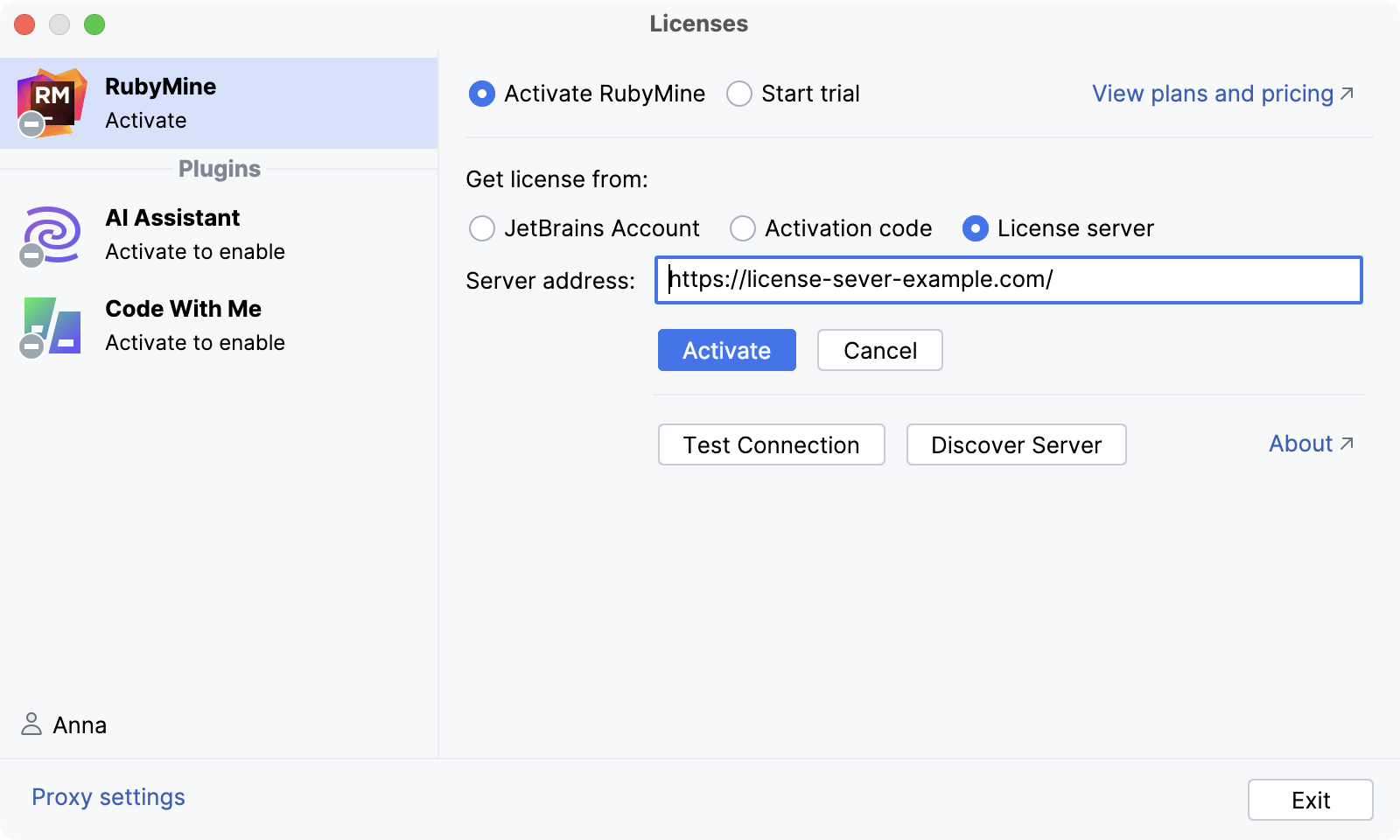 Activate RubyMine license with a license server