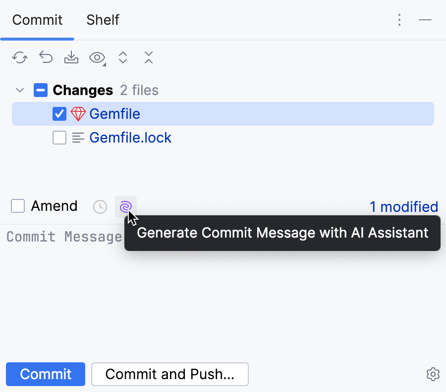 RubyMine: AI Assistant generates commit messages