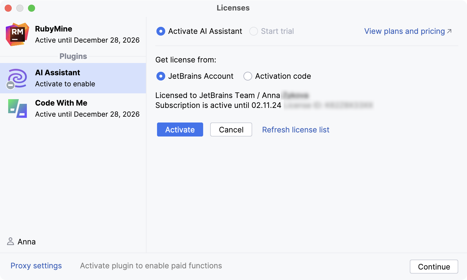 Licenses dialog with AI Assistant activation option