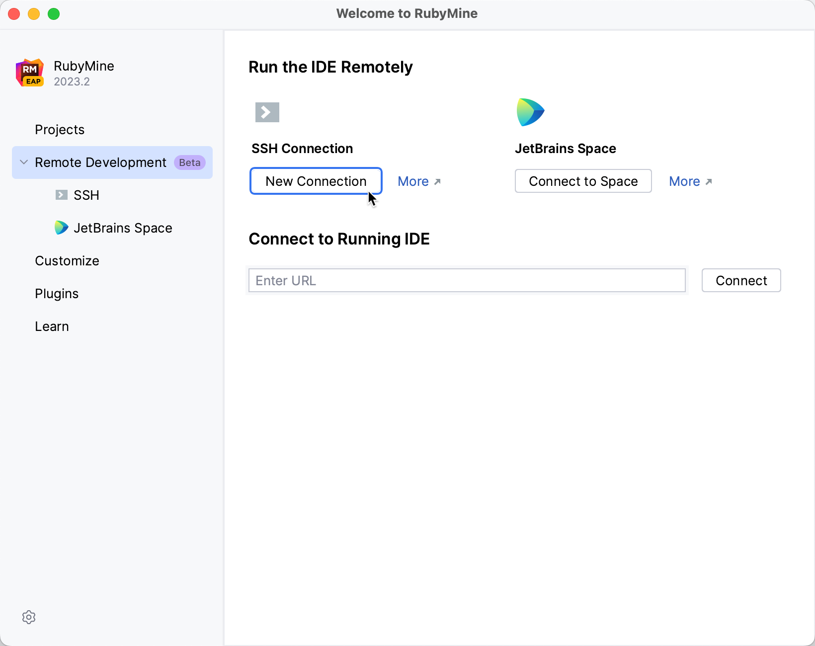 Configuring remote development settings on Welcome screen