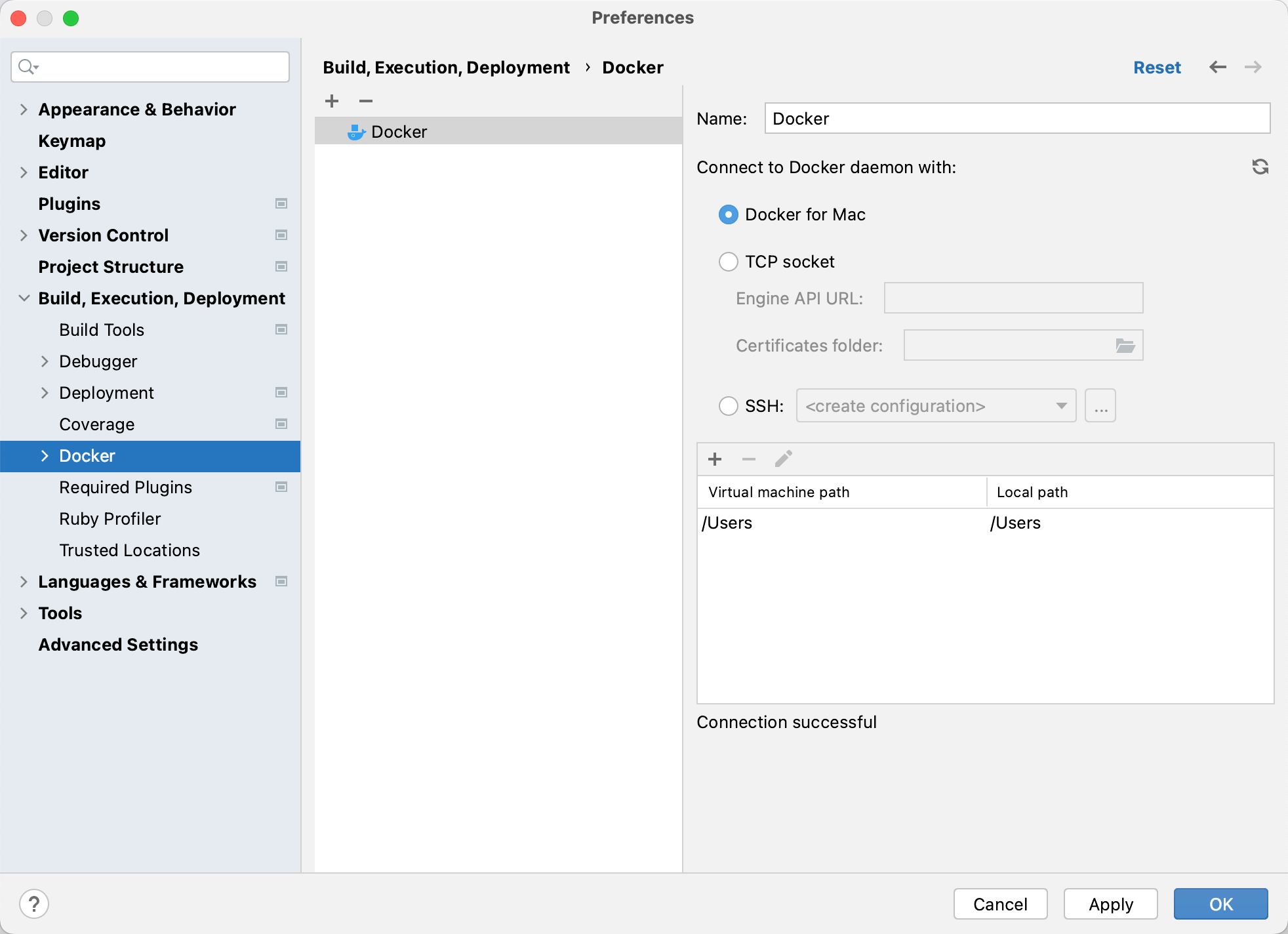 Docker connection settings