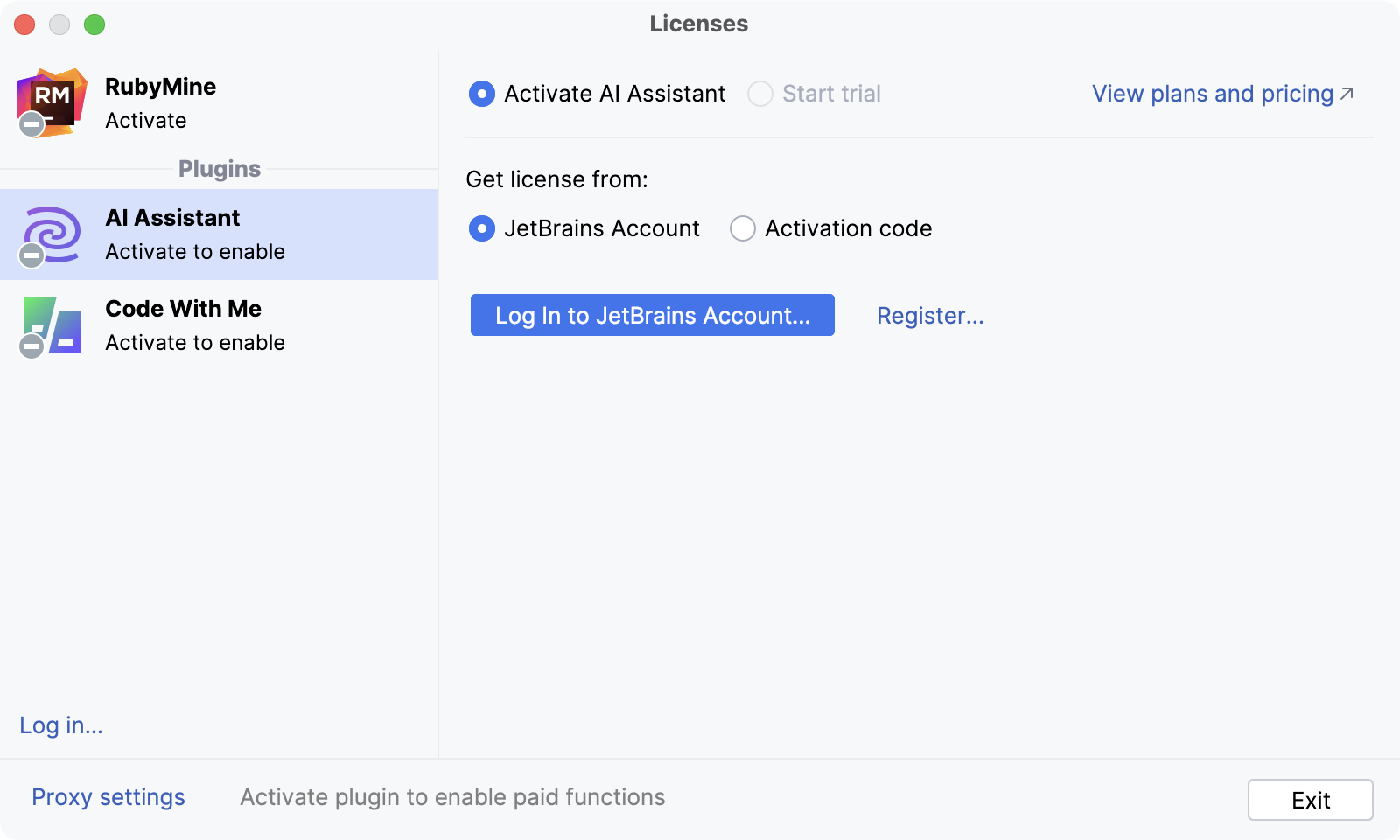 Licenses dialog with an option to log in to JetBrains account