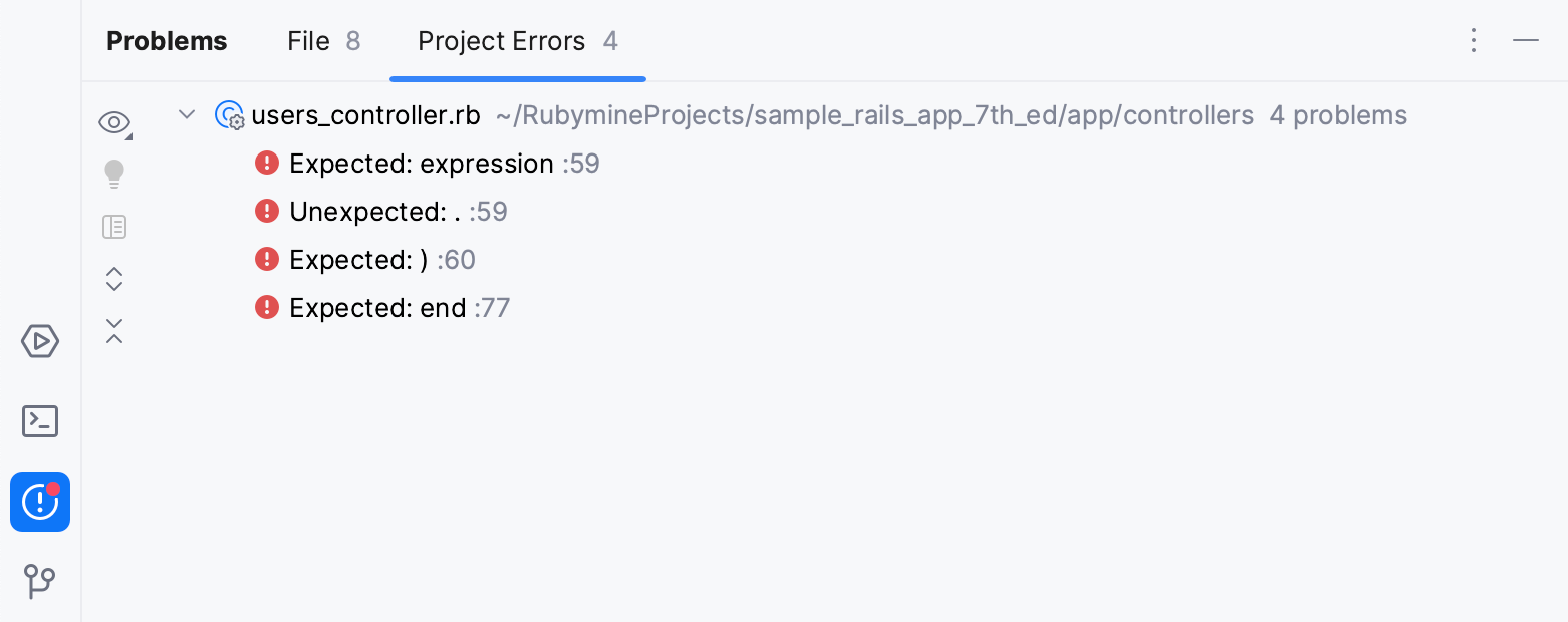 Project Errors tab