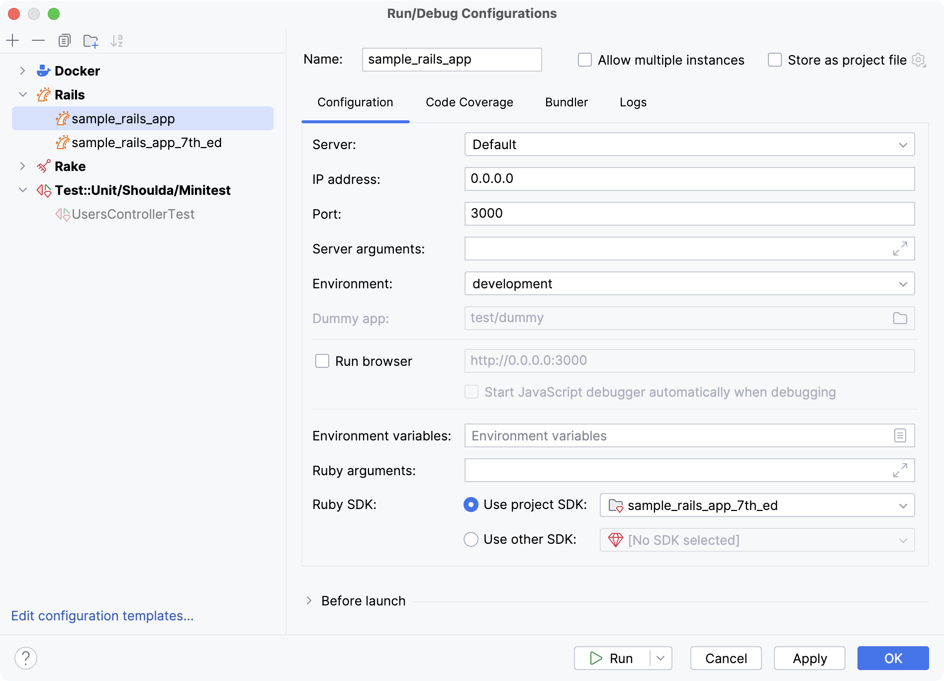 Run/Debug Configurations: Rails