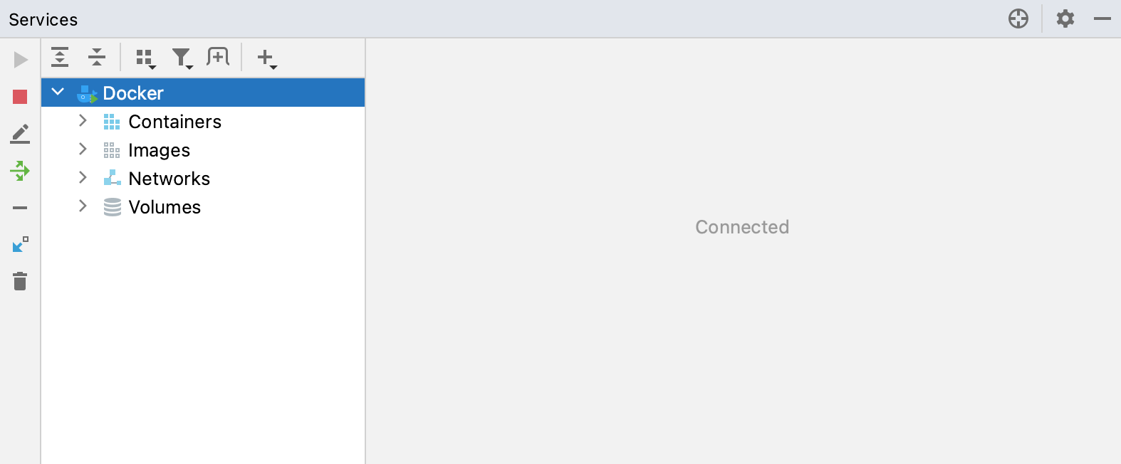 The Services tool window, connected to Docker