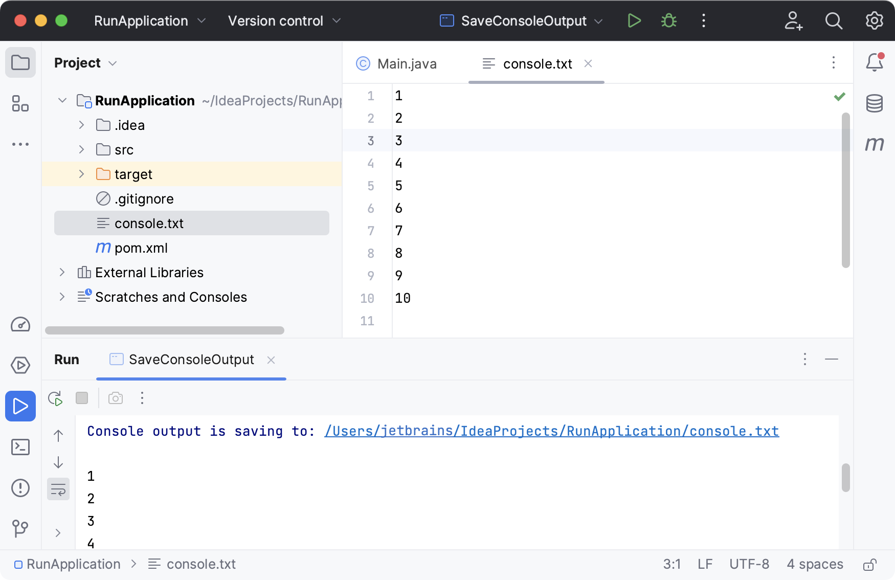 Console output saved to a file