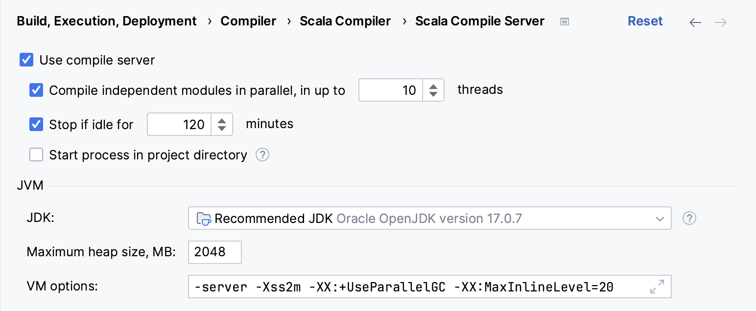 the Scala Compiler Server settings