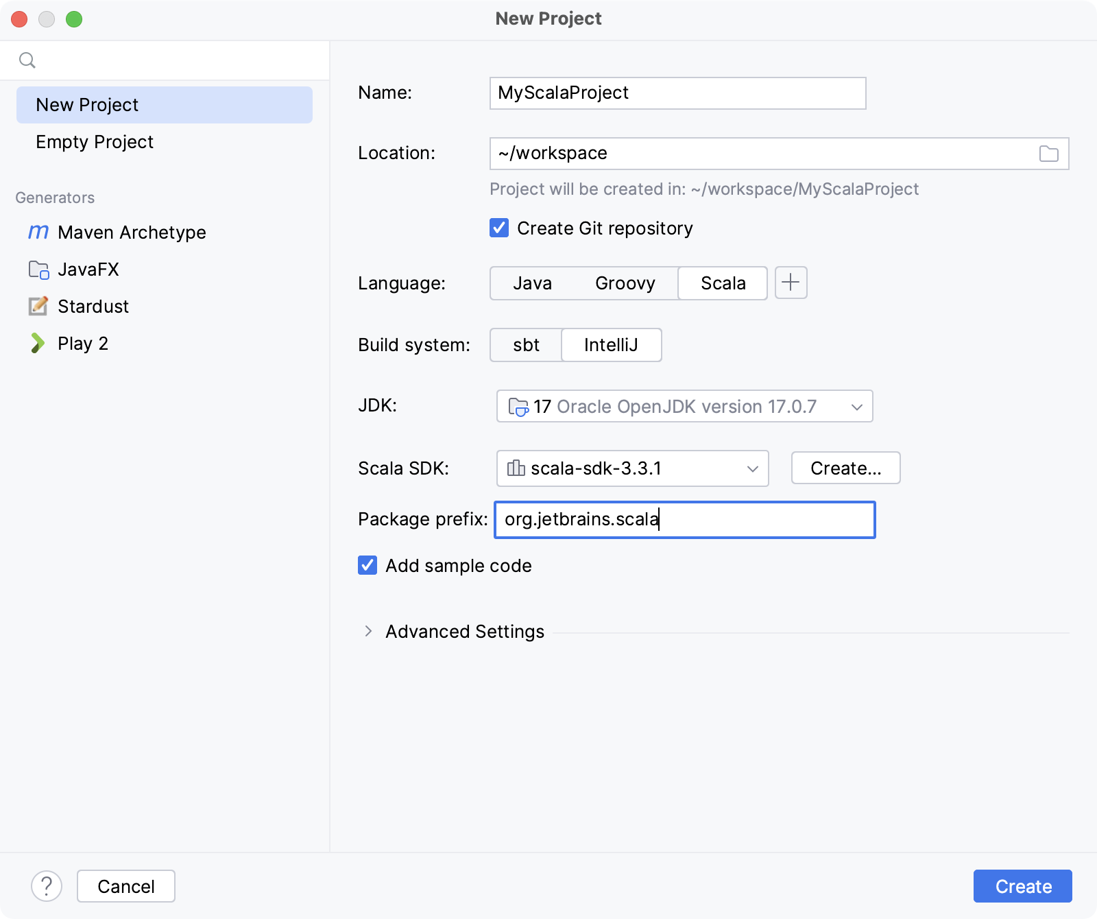 Creating a new Scala project with IntelliJ