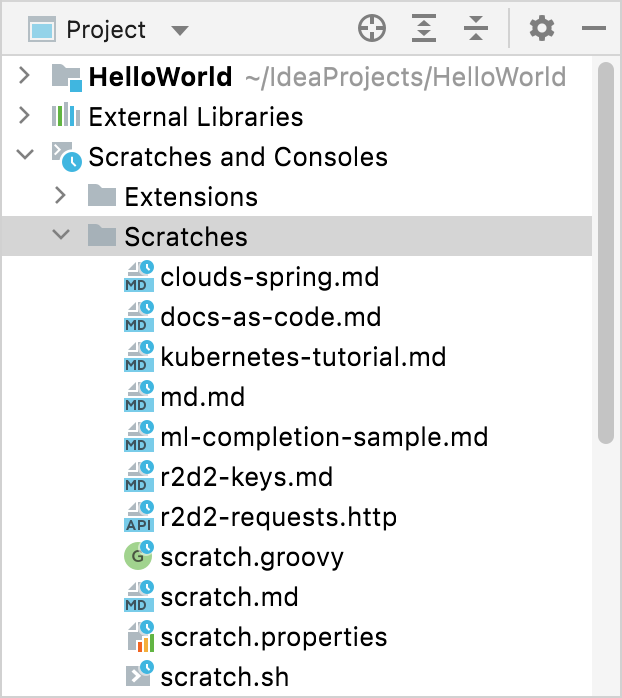 Scratch files in the Project tool window