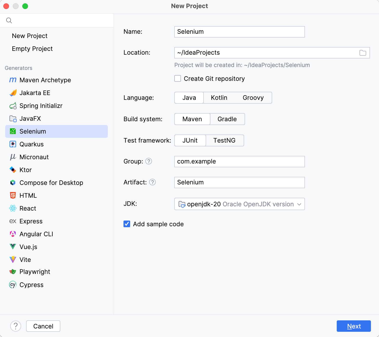 Creating a new Selenium project