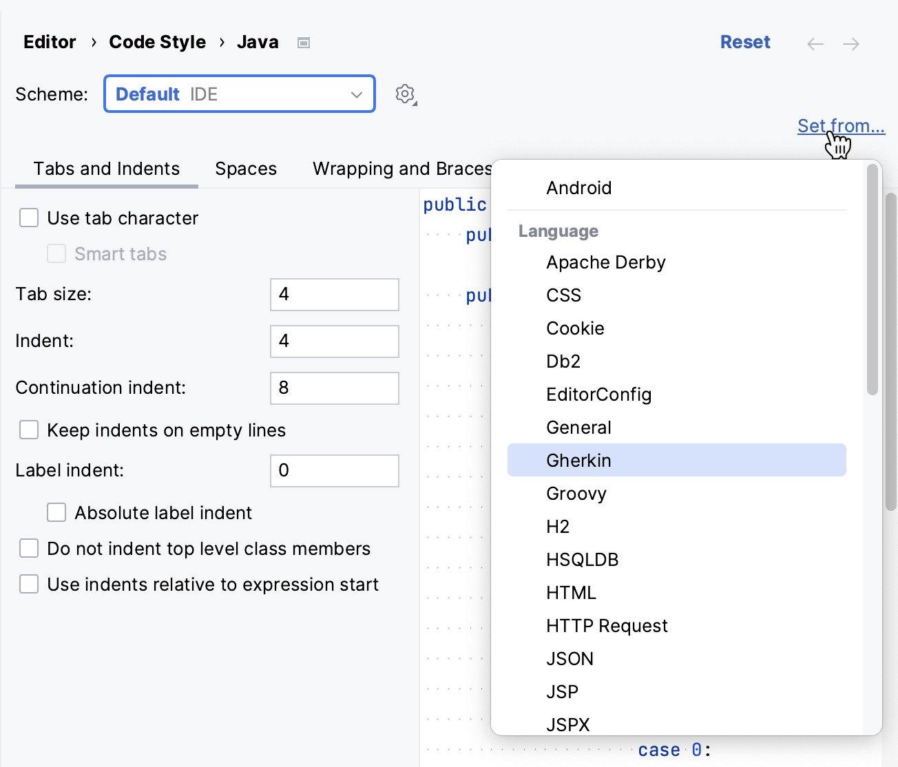 Set code style from another language