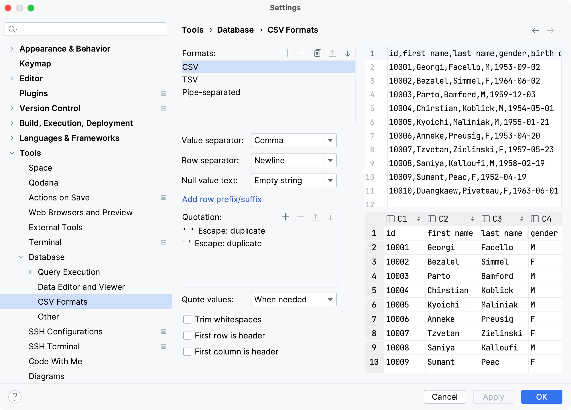 The CSV Formats menu of the Database settings