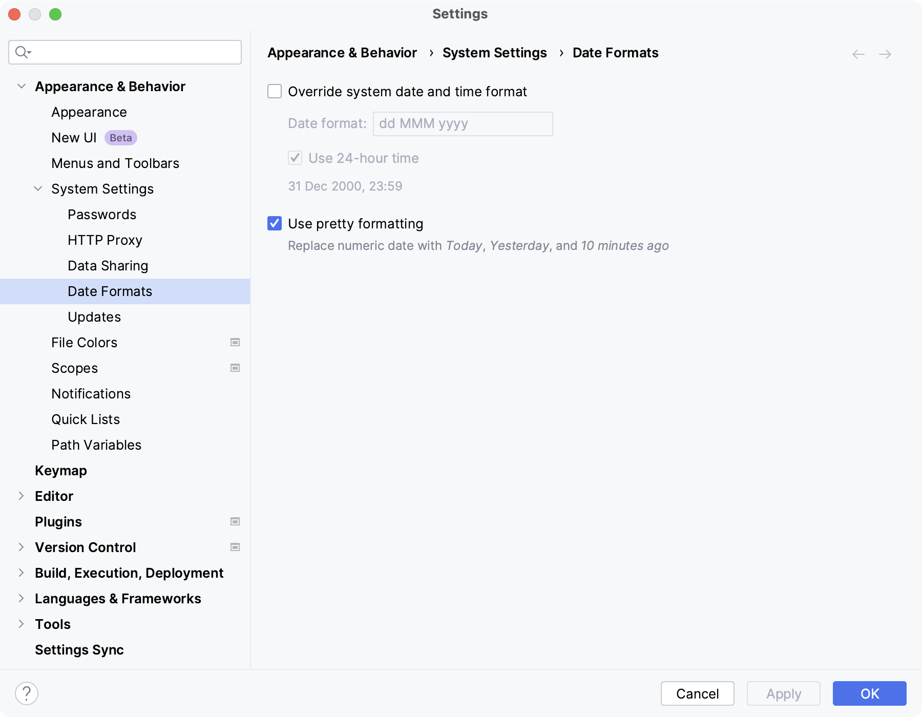 The Date Formats settings page