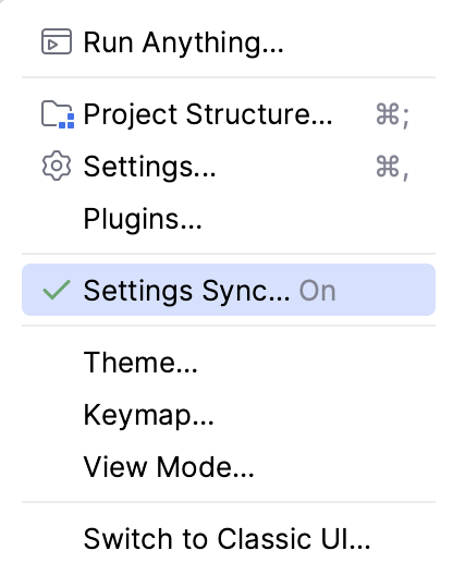 IDE and Project settings menu