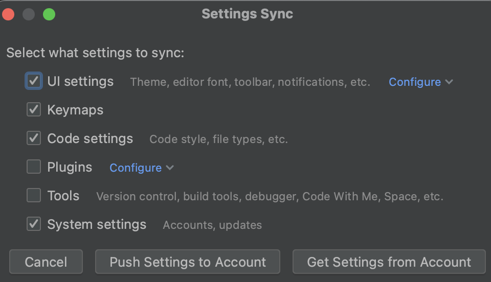 The Settings Sync window