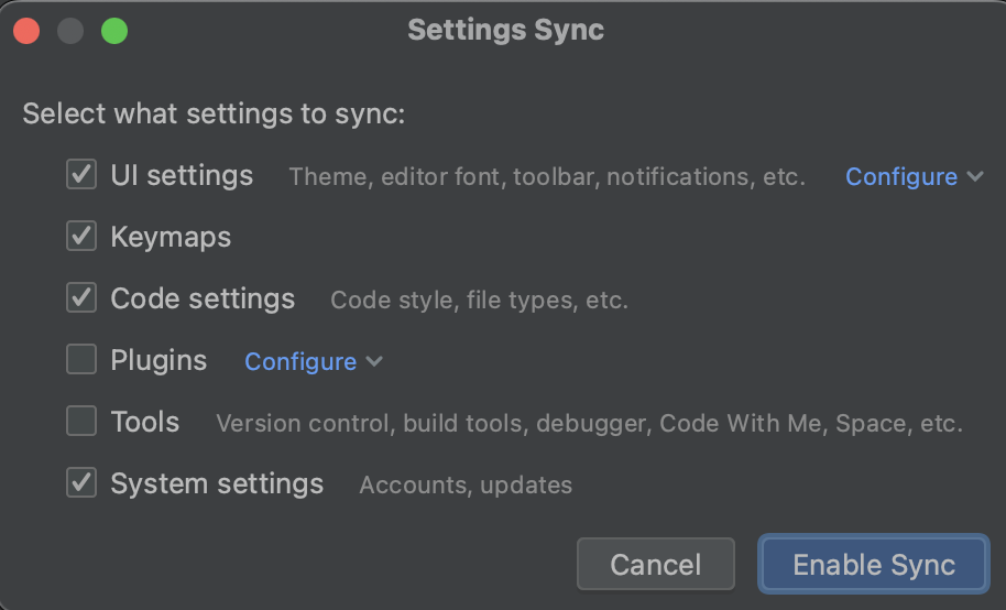 The Settings Sync window