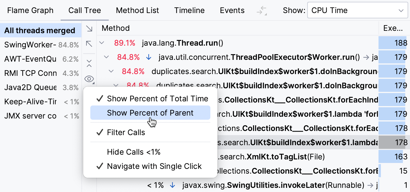 The Show Percent of Total Time/Parent button in the Presentation Settings menu