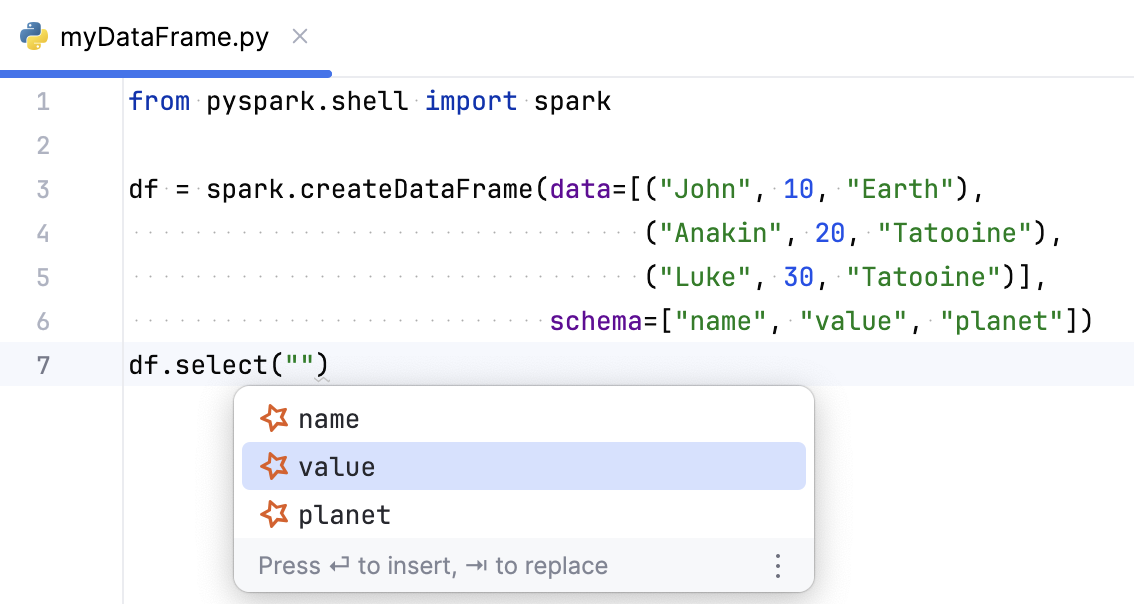 Column completion in PySpark