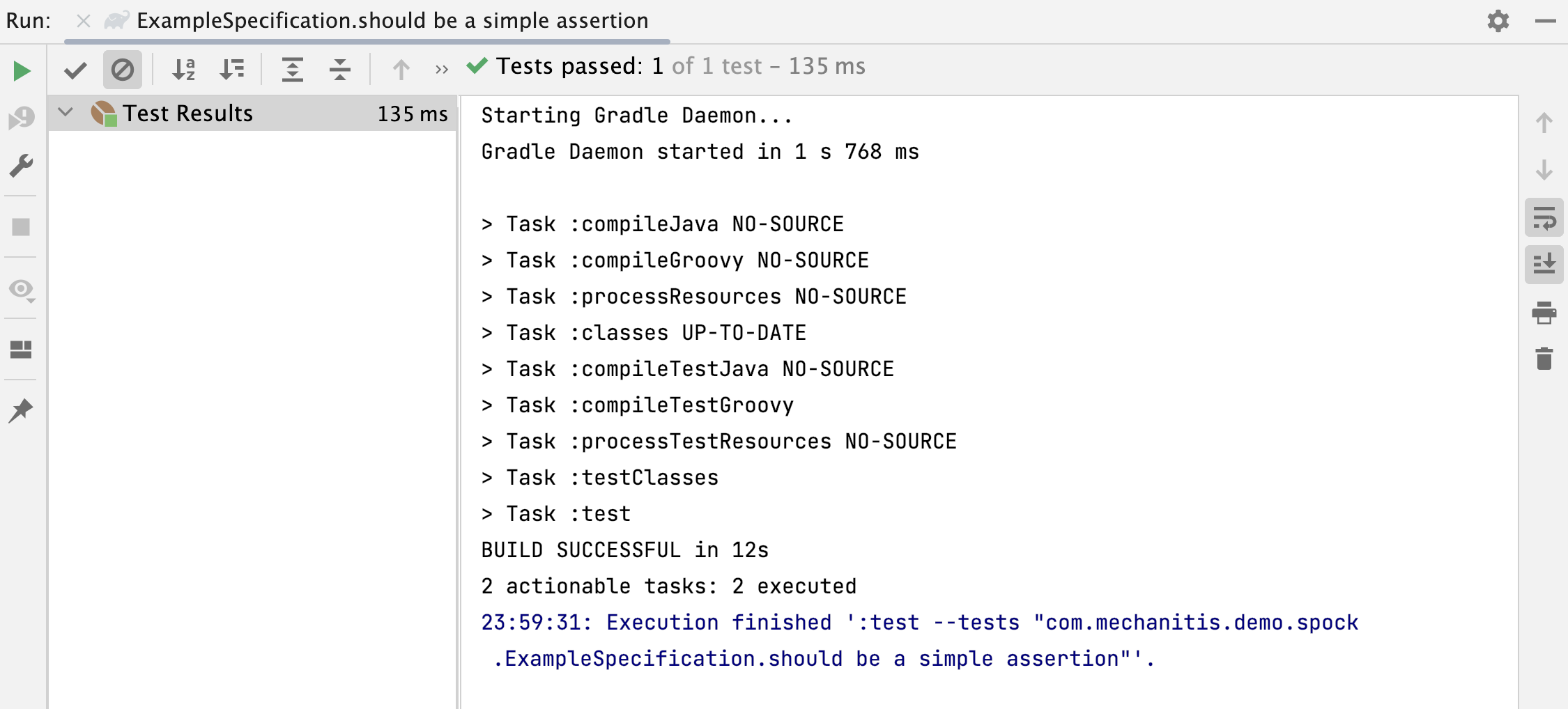 Run tool window / Spock test output