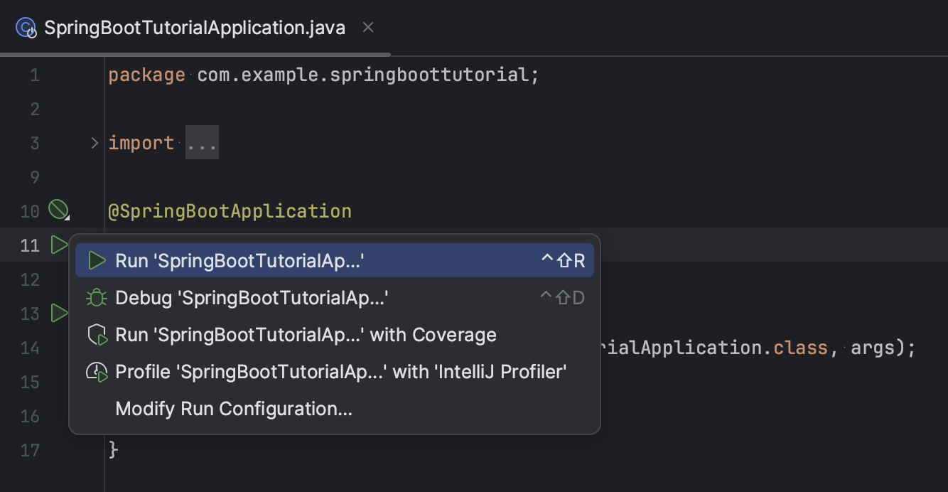 Run Spring Boot application from the gutter