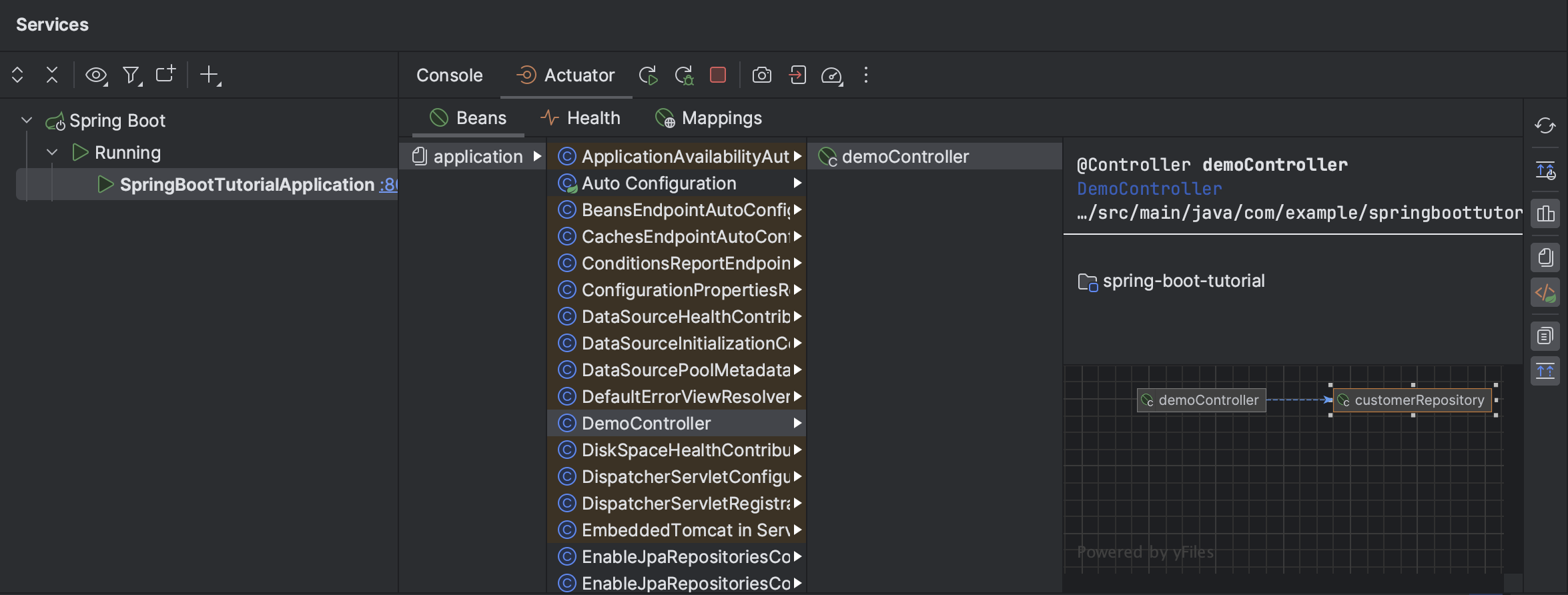 Spring actuator beans shown in the Services tool window