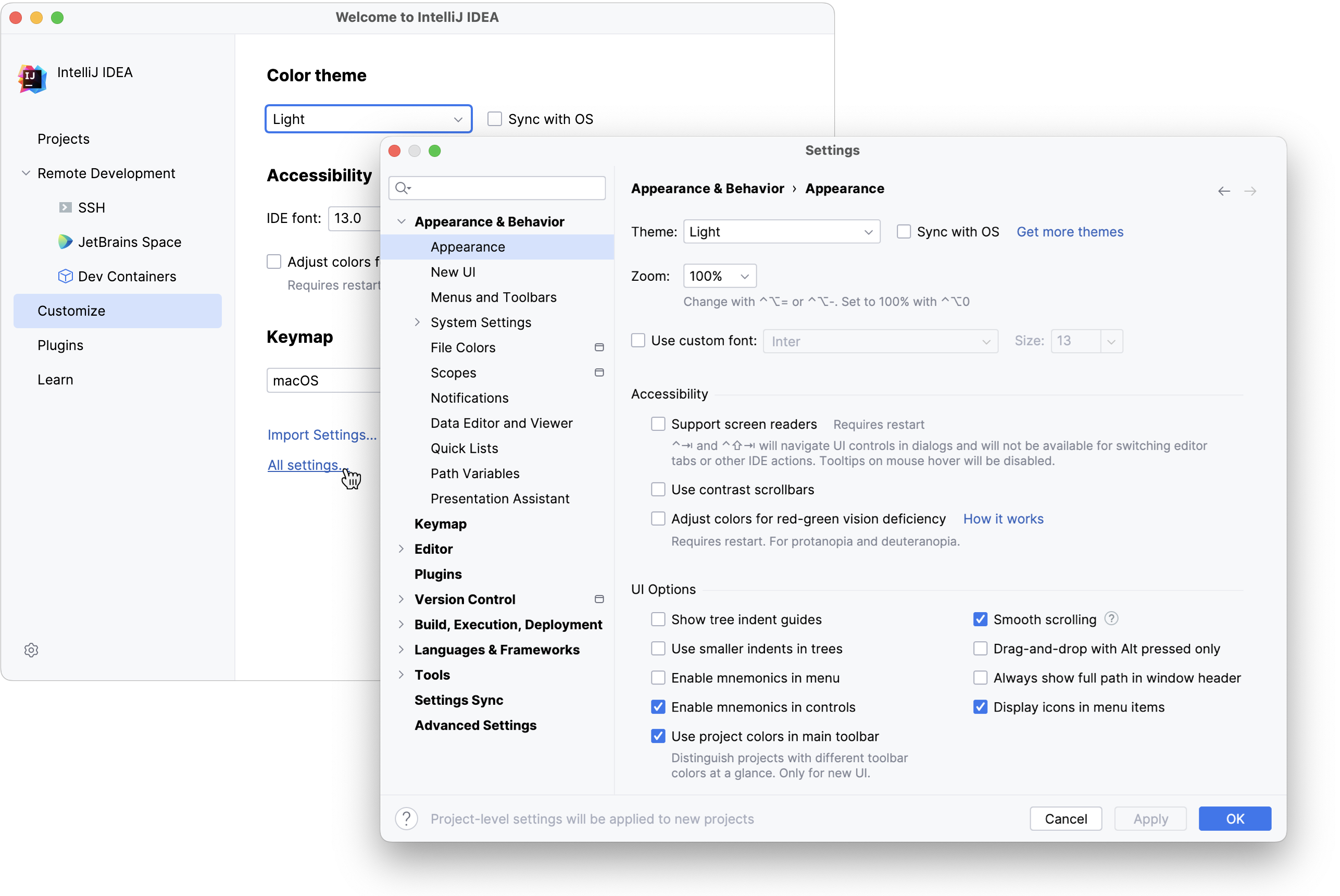 Configuring new default settings for projects