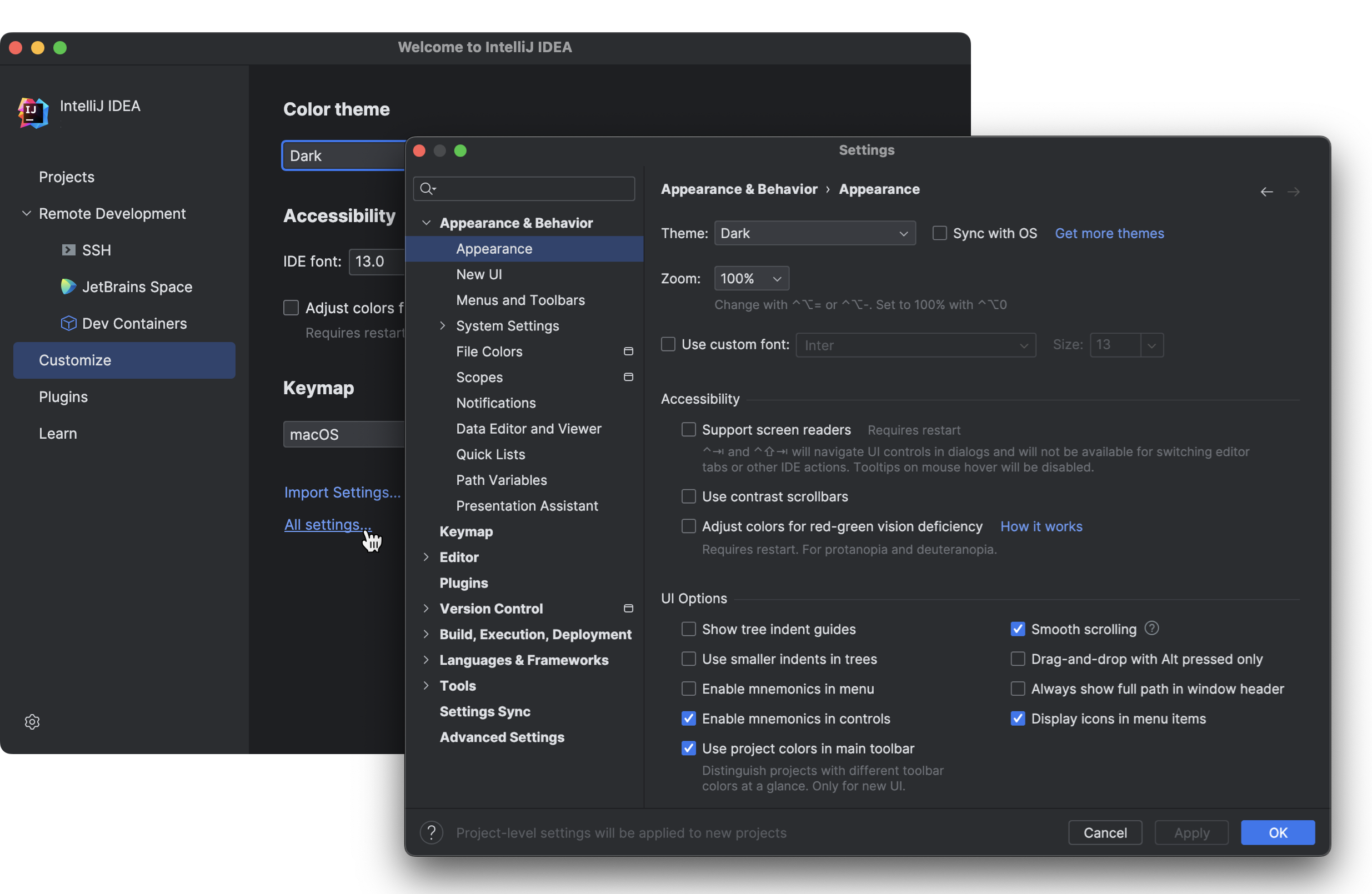 Configuring new default settings for projects