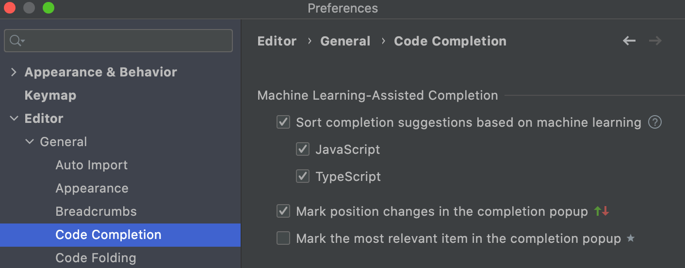 ML-assisted completion settings ML-assisted completion settings
