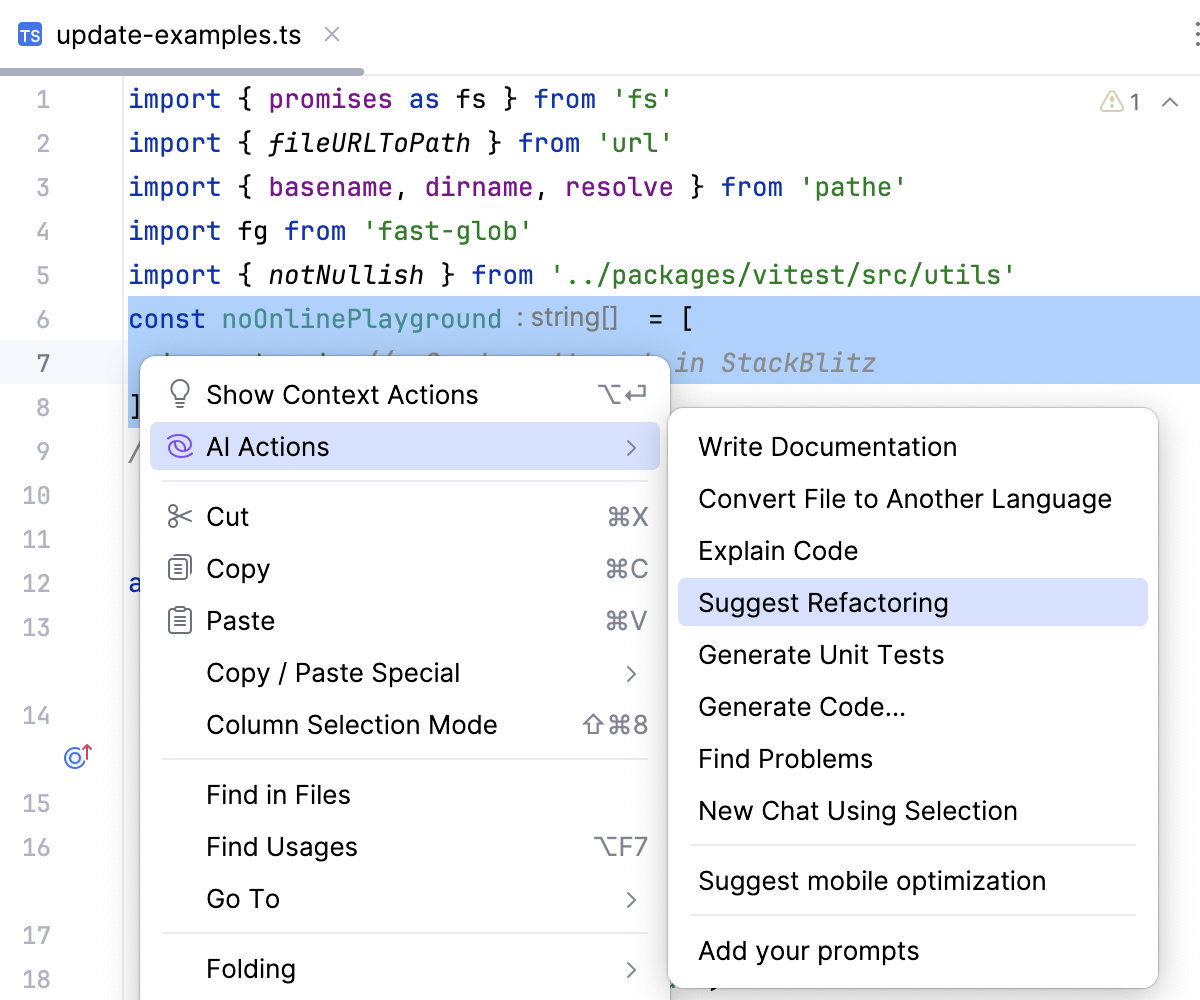 AI Assistant suggests refactoring, context menu