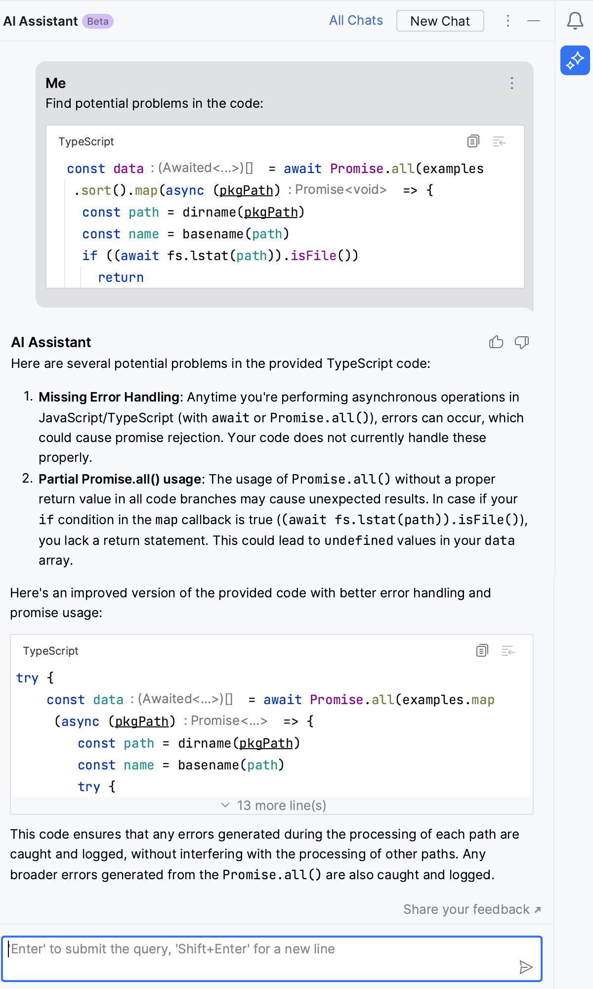 WebStorm: AI Assistant finds potential problems in the selected code