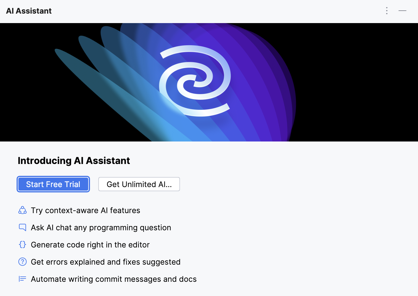 Start Free Trial option in the AI Assistant tool window
