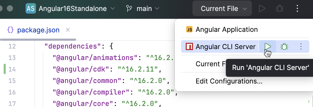 Run an Angular app in the development mode via a run/debug configuration